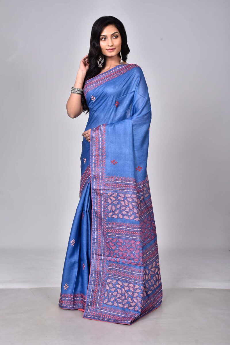 Tassar Silk Sarees with Hand Embroidery Kantha Work (Blue)