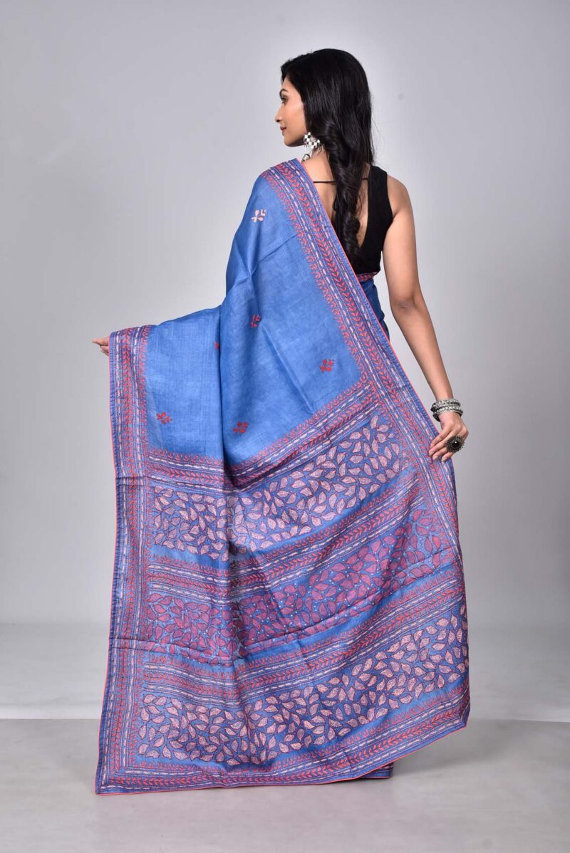 Tassar Silk Sarees with Hand Embroidery Kantha Work (Blue)