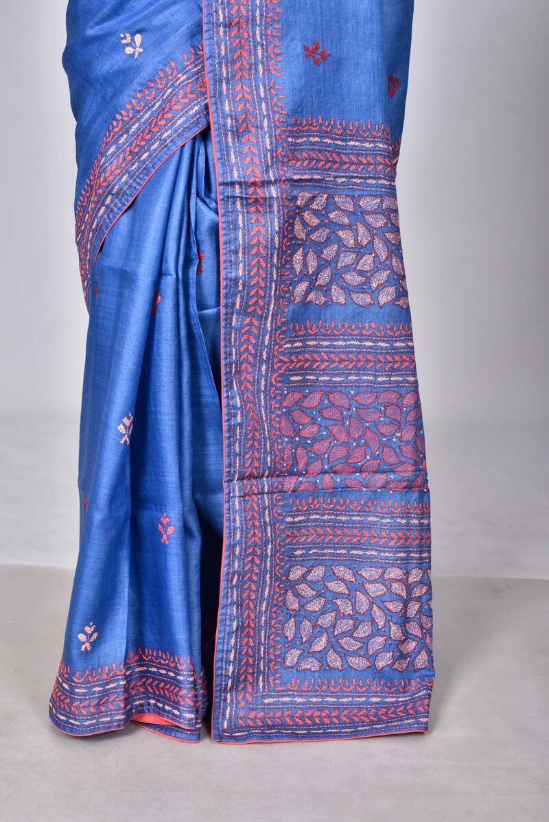 Tassar Silk Sarees with Hand Embroidery Kantha Work (Blue)