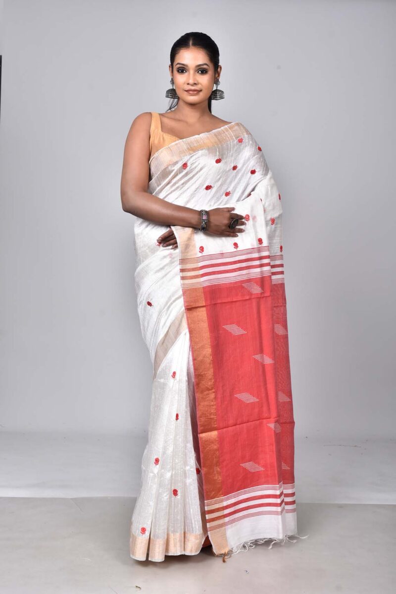 Tassar Raw Silk Sarees with Hand Embroidery Kantha Work (Off White)