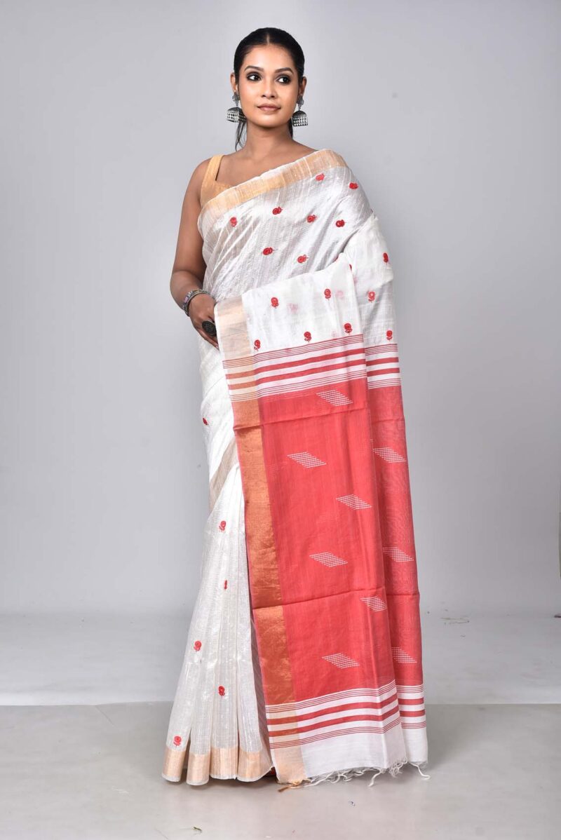 Tassar Raw Silk Sarees with Hand Embroidery Kantha Work (Off White)