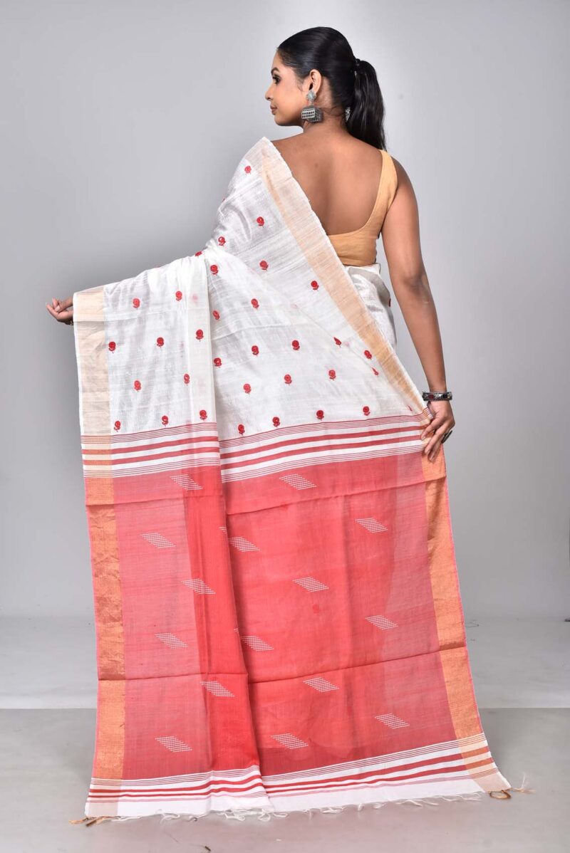 Tassar Raw Silk Sarees with Hand Embroidery Kantha Work (Off White)