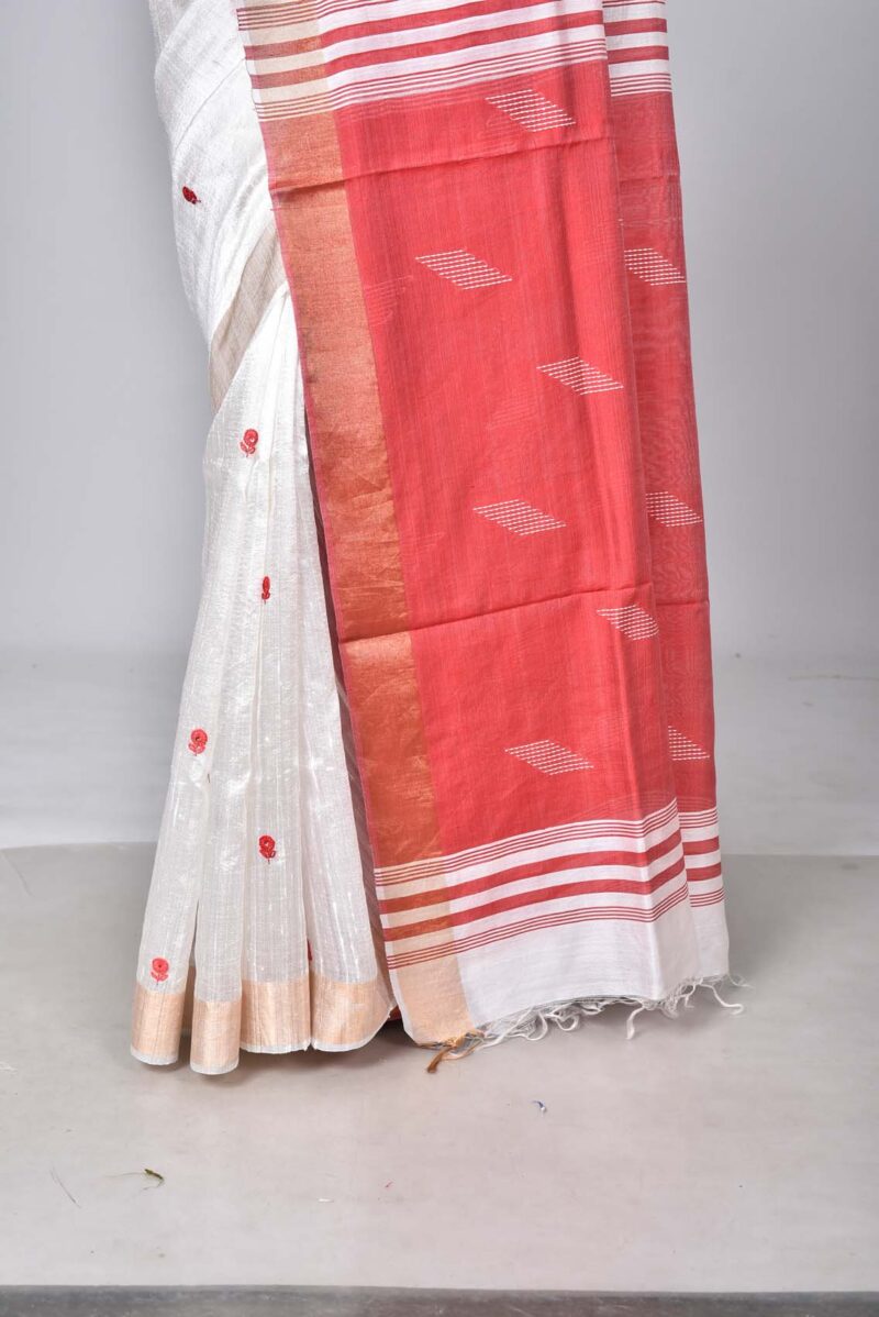 Tassar Raw Silk Sarees with Hand Embroidery Kantha Work (Off White)