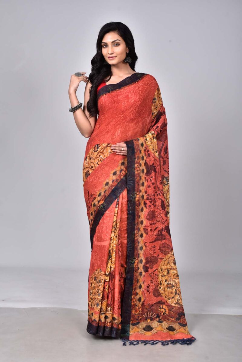 Organic Cotton Woven Saree with Digital Print (Red Multi)