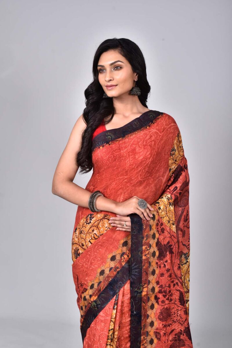 Organic Cotton Woven Saree with Digital Print (Red Multi)