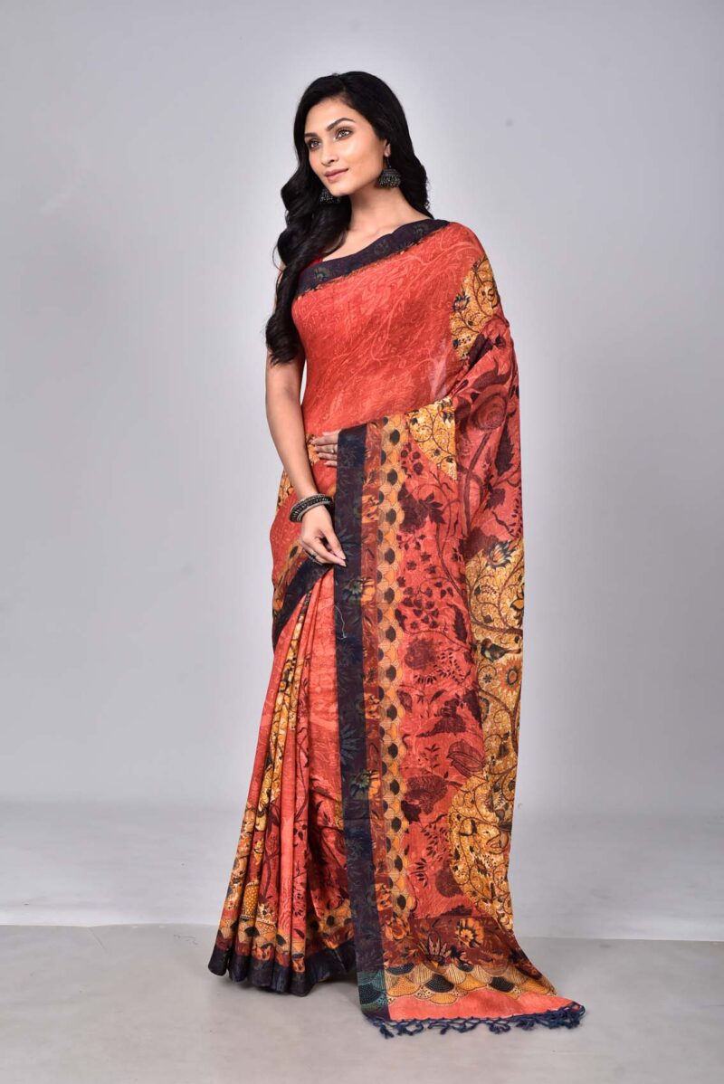 Organic Cotton Woven Saree with Digital Print (Red Multi)