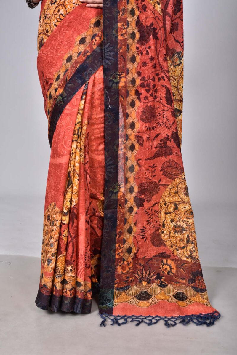 Organic Cotton Woven Saree with Digital Print (Red Multi)