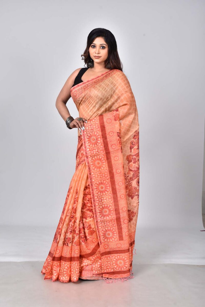 Tassar Mulberry and Matka Woven Silk Saree with Digital Print (Orange Multi)