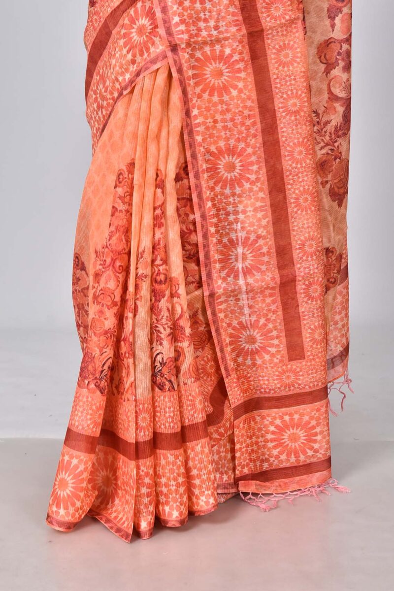 Tassar Mulberry and Matka Woven Silk Saree with Digital Print (Orange Multi)