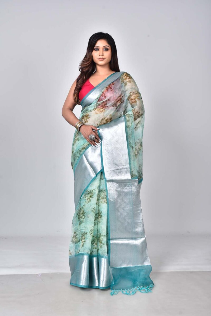 Organza Silk Saree with Digital Print (Lite Green Multi)