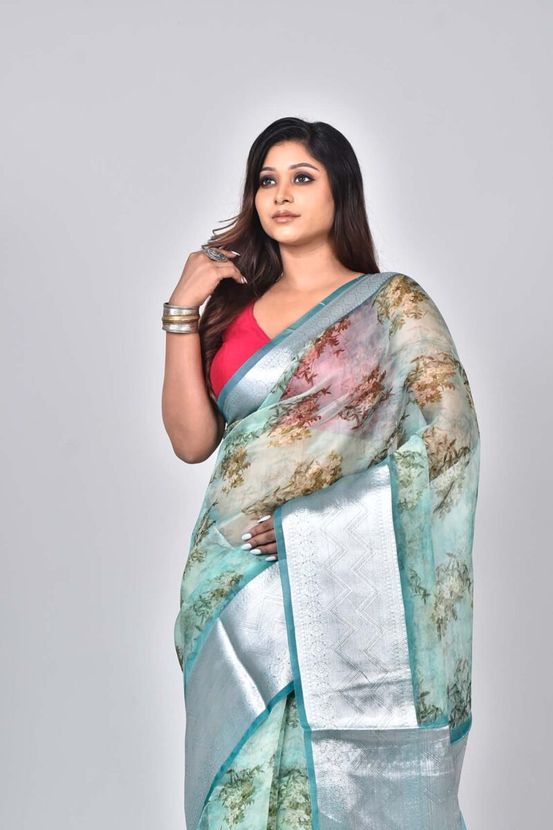 Organza Silk Saree with Digital Print (Lite Green Multi)