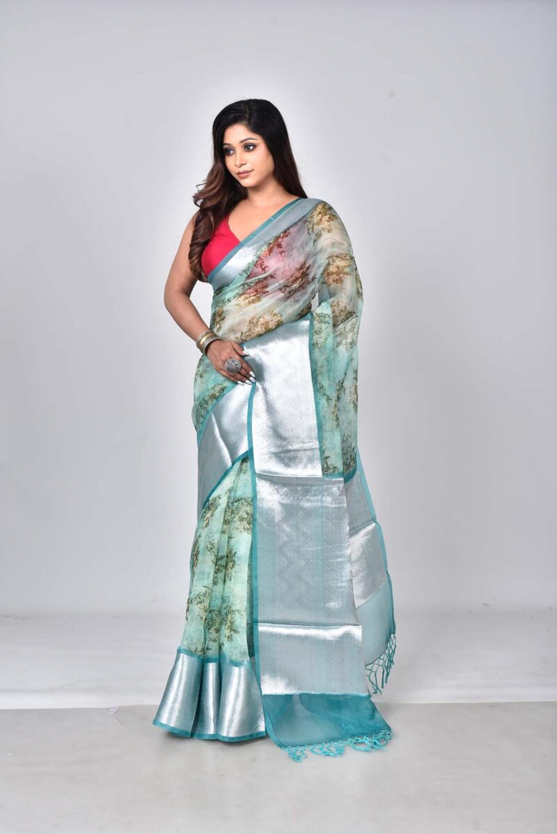 Organza Silk Saree with Digital Print (Lite Green Multi)