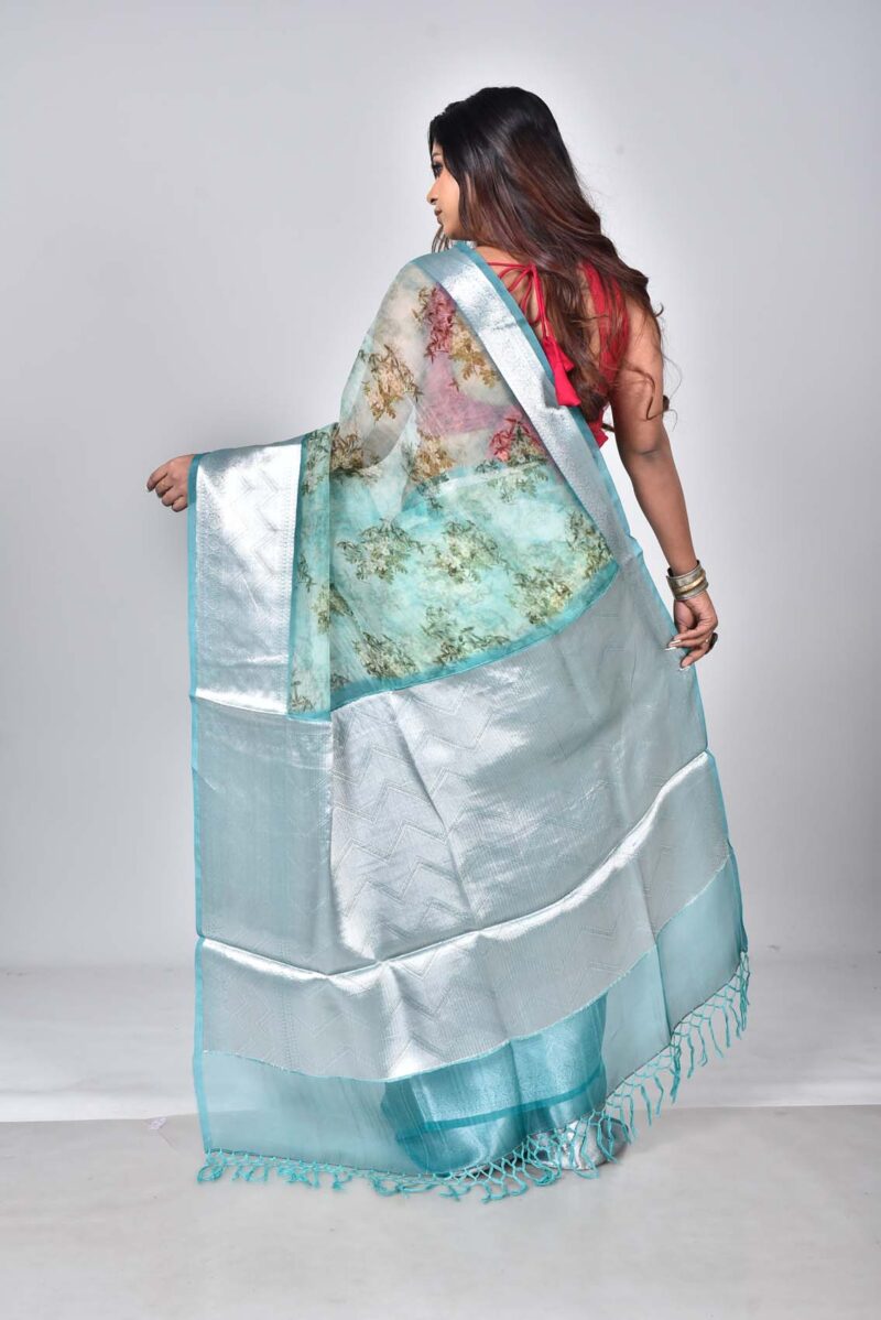 Organza Silk Saree with Digital Print (Lite Green Multi)