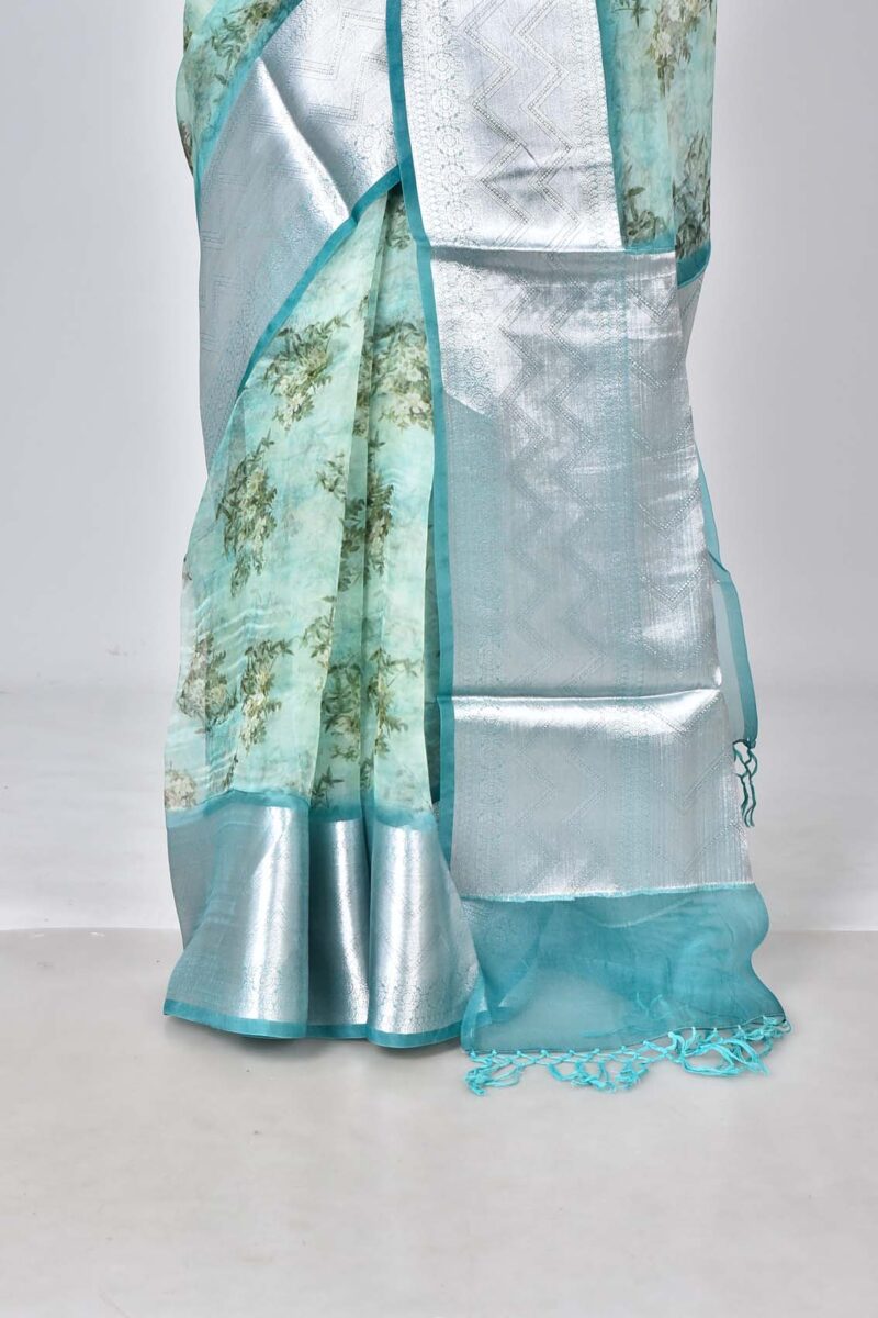 Organza Silk Saree with Digital Print (Lite Green Multi)