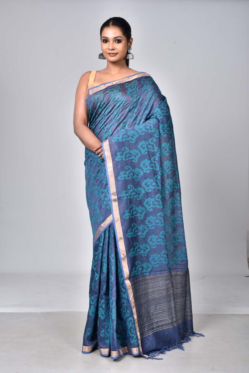 Tassar and Raw Silk Saree with Digital Print (Dark Blue)