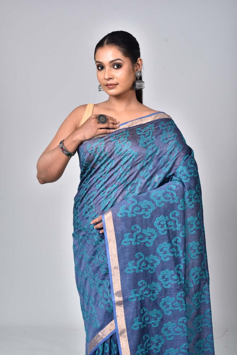 Tassar and Raw Silk Saree with Digital Print (Dark Blue)