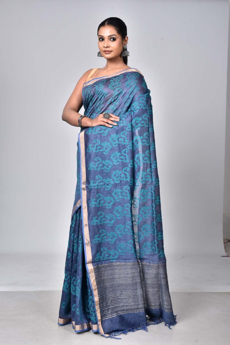 Tassar and Raw Silk Saree with Digital Print (Dark Blue)