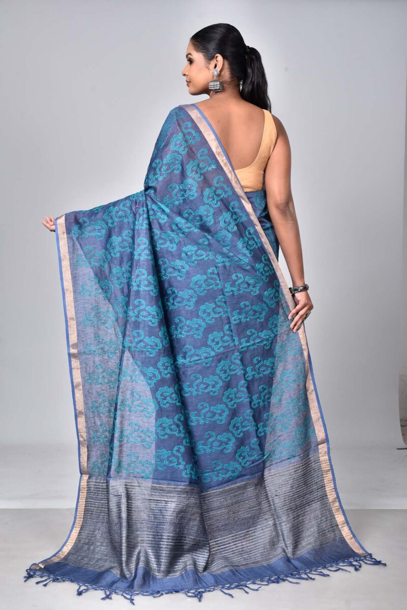 Tassar and Raw Silk Saree with Digital Print (Dark Blue)