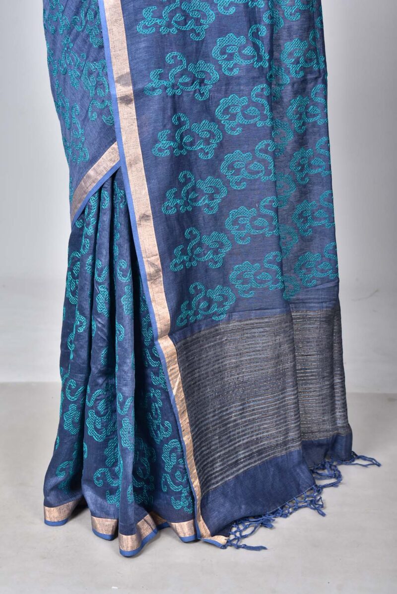 Tassar and Raw Silk Saree with Digital Print (Dark Blue)