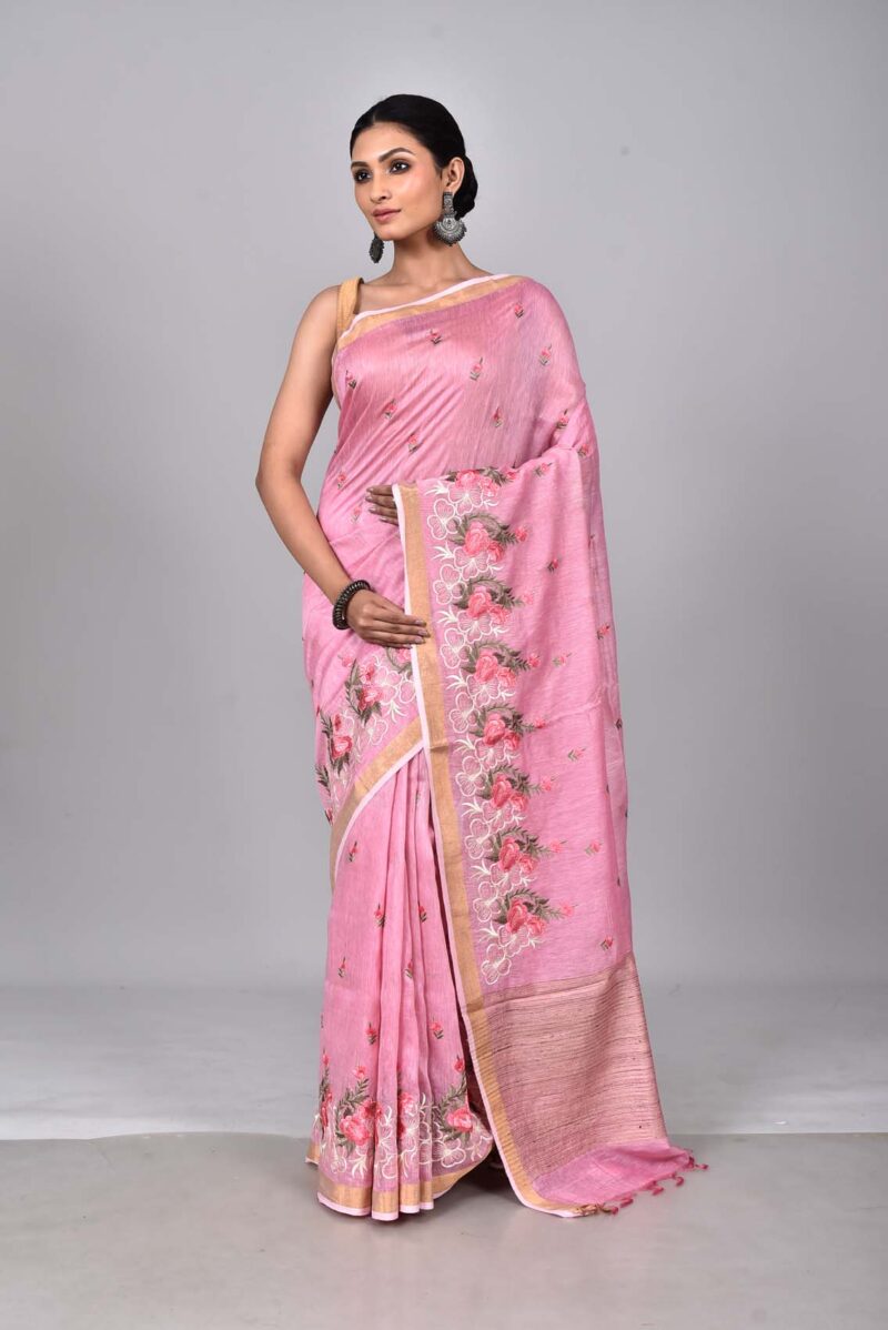 Silk Linen Saree with Digital Embroidery Work  (Pink)