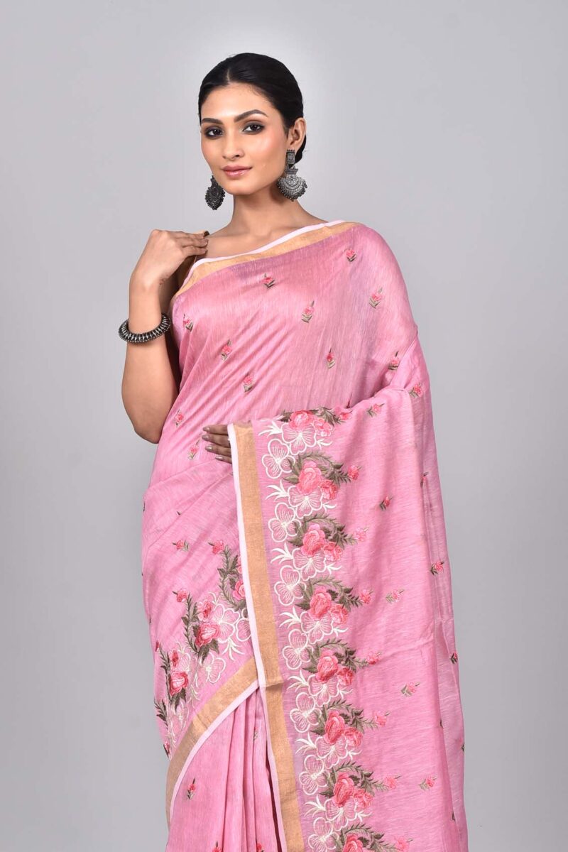 Silk Linen Saree with Digital Embroidery Work  (Pink)