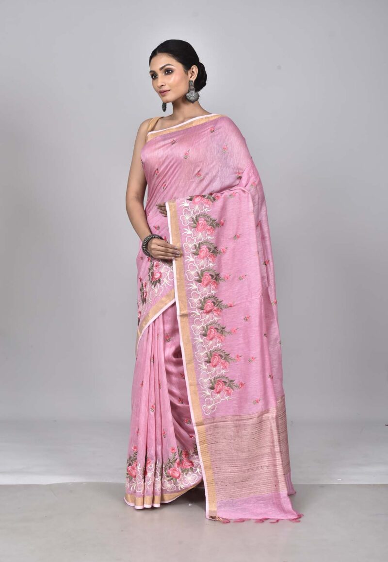 Silk Linen Saree with Digital Embroidery Work  (Pink)