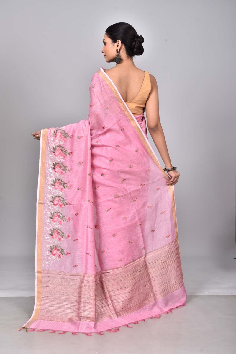 Silk Linen Saree with Digital Embroidery Work  (Pink)