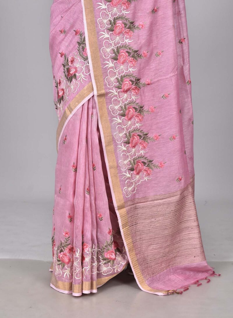 Silk Linen Saree with Digital Embroidery Work  (Pink)