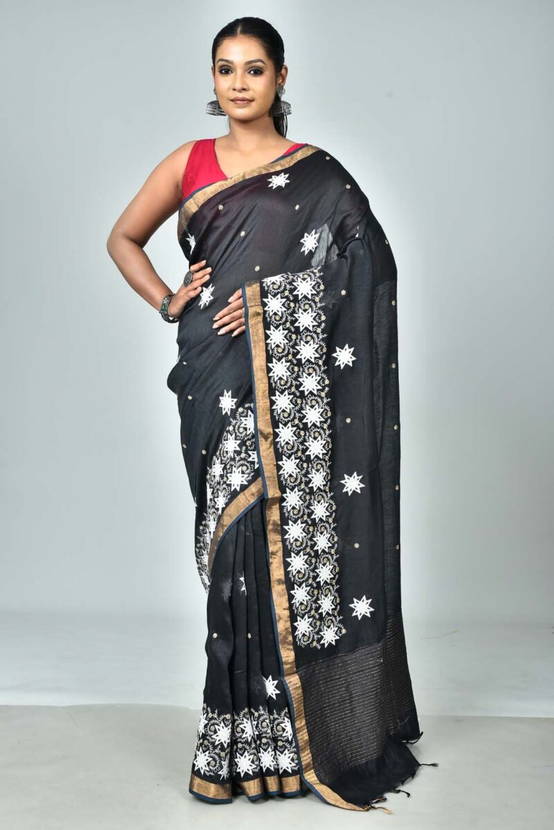 Silk Linen Saree with Digital Embroidery Work  (Black)