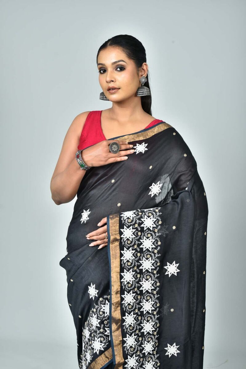 Silk Linen Saree with Digital Embroidery Work  (Black)