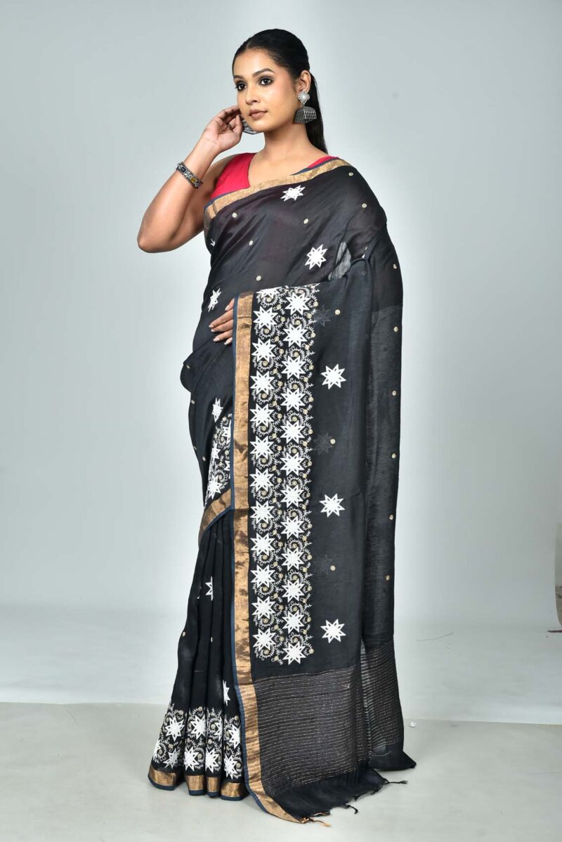 Silk Linen Saree with Digital Embroidery Work  (Black)