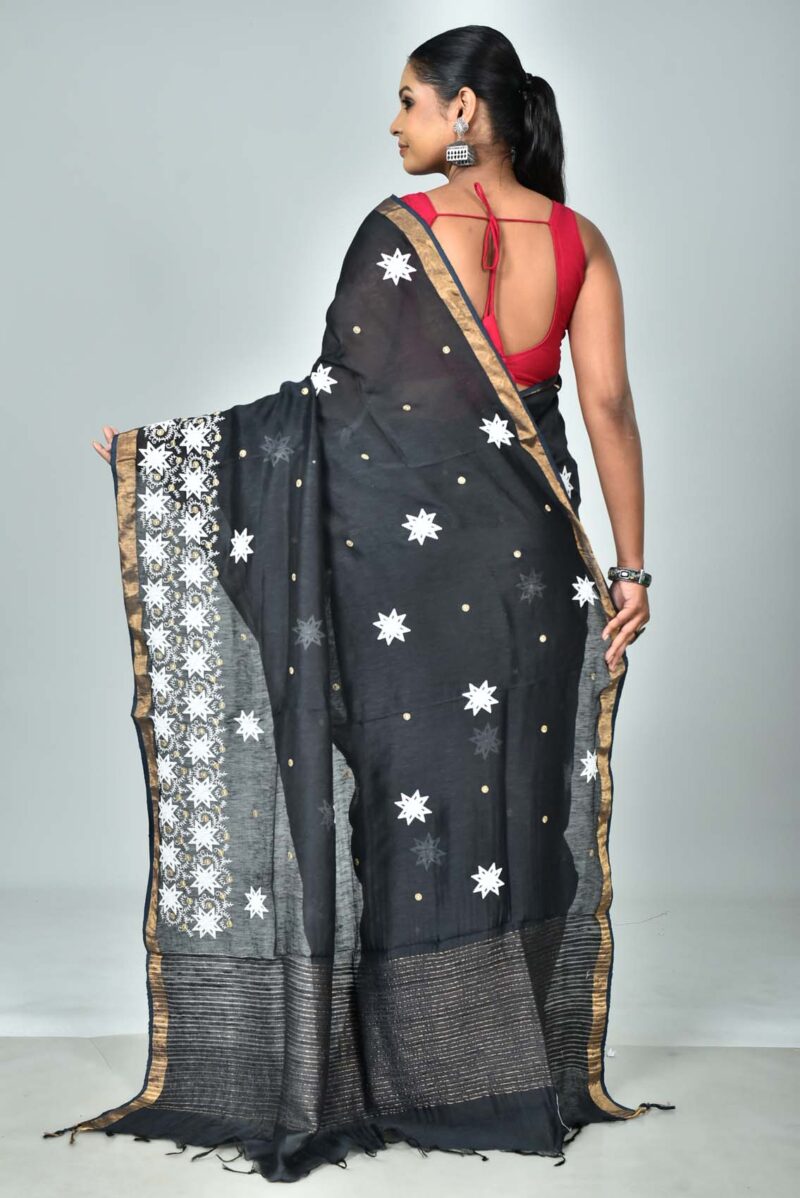 Silk Linen Saree with Digital Embroidery Work  (Black)