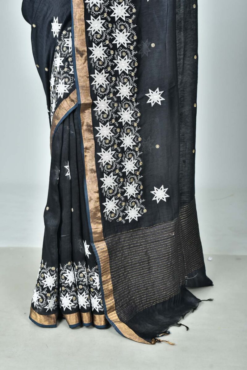 Silk Linen Saree with Digital Embroidery Work  (Black)