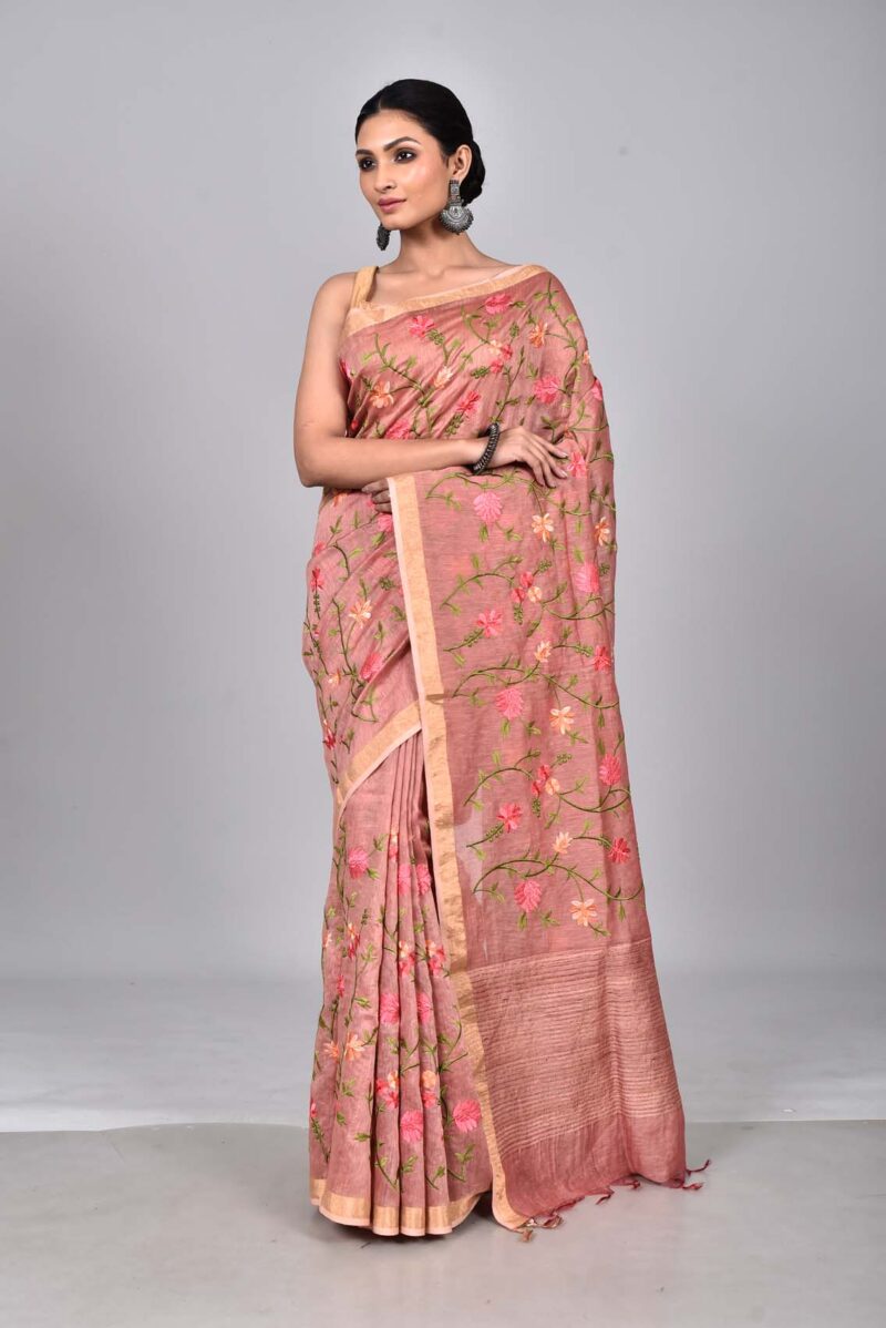 Silk Linen Saree with Digital Embroidery Work  (Dark Pink)