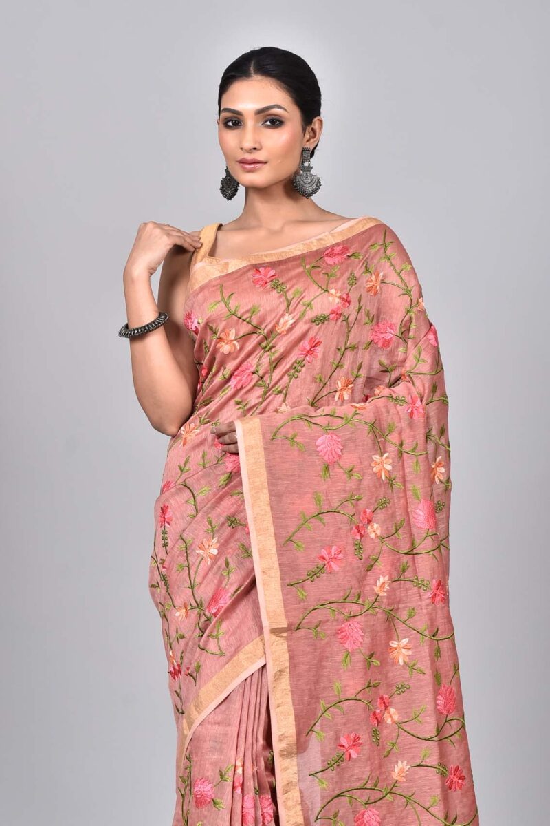 Silk Linen Saree with Digital Embroidery Work  (Dark Pink)