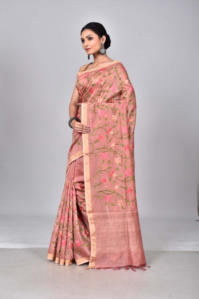 Silk Linen Saree with Digital Embroidery Work  (Dark Pink)