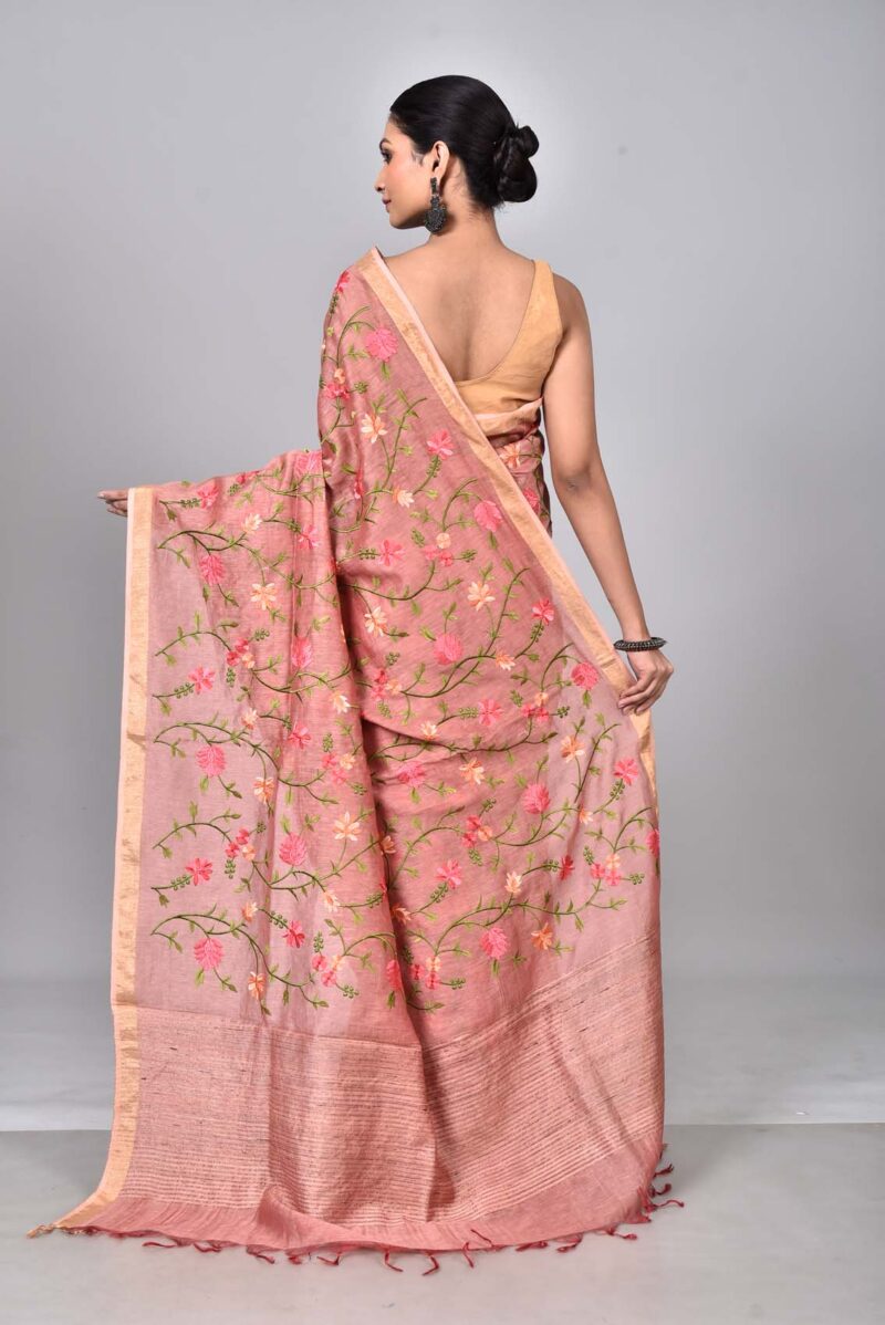 Silk Linen Saree with Digital Embroidery Work  (Dark Pink)