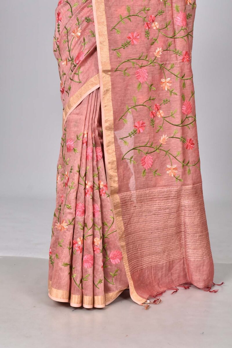 Silk Linen Saree with Digital Embroidery Work  (Dark Pink)