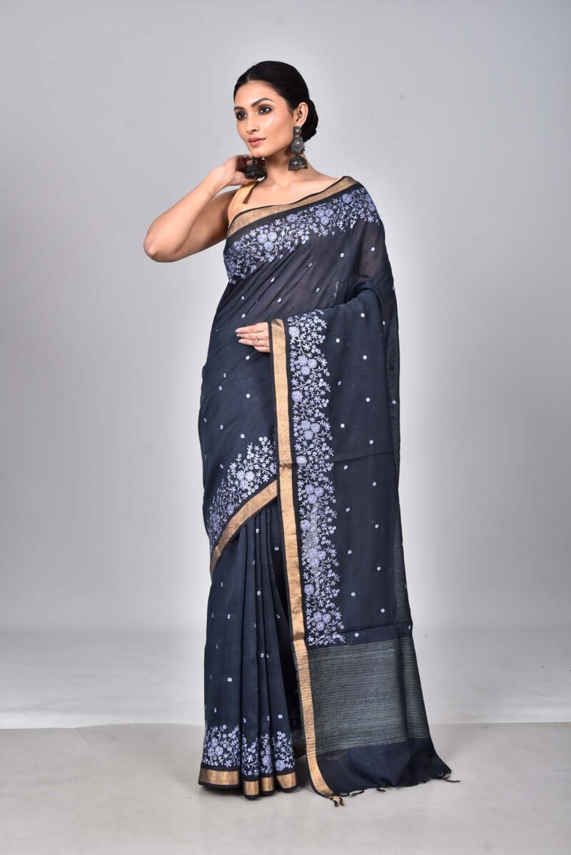 Silk Linen Saree with Digital Embroidery Work  (Dark Blue)