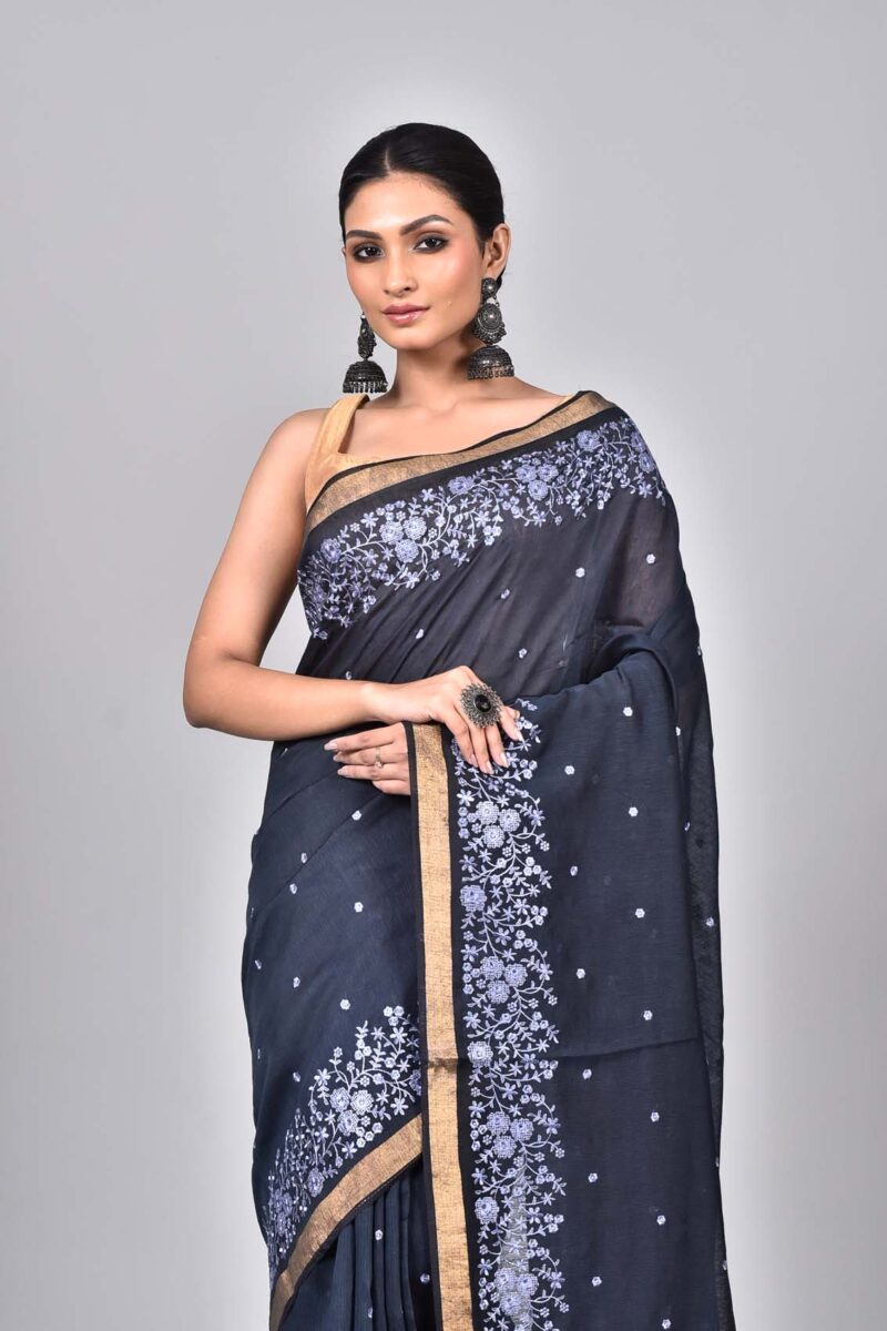 Silk Linen Saree with Digital Embroidery Work  (Dark Blue)