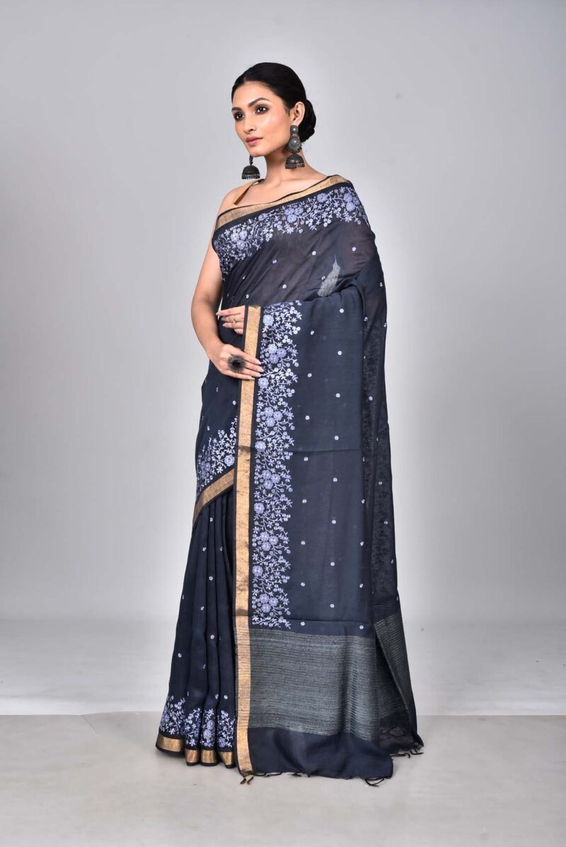 Silk Linen Saree with Digital Embroidery Work  (Dark Blue)