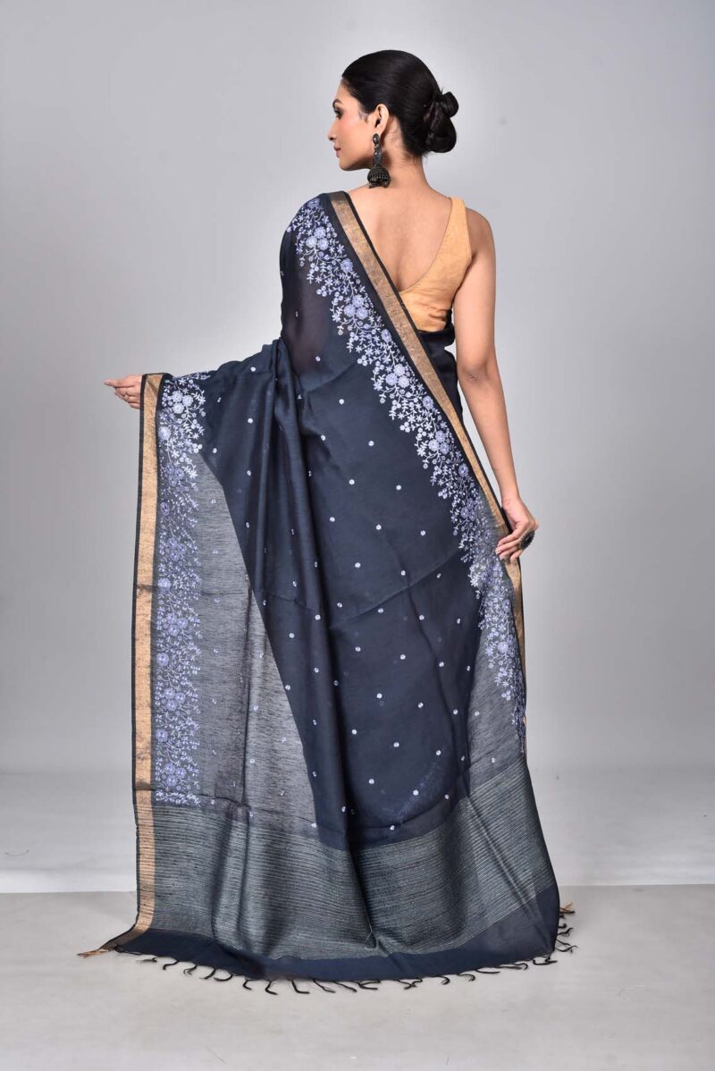 Silk Linen Saree with Digital Embroidery Work  (Dark Blue)