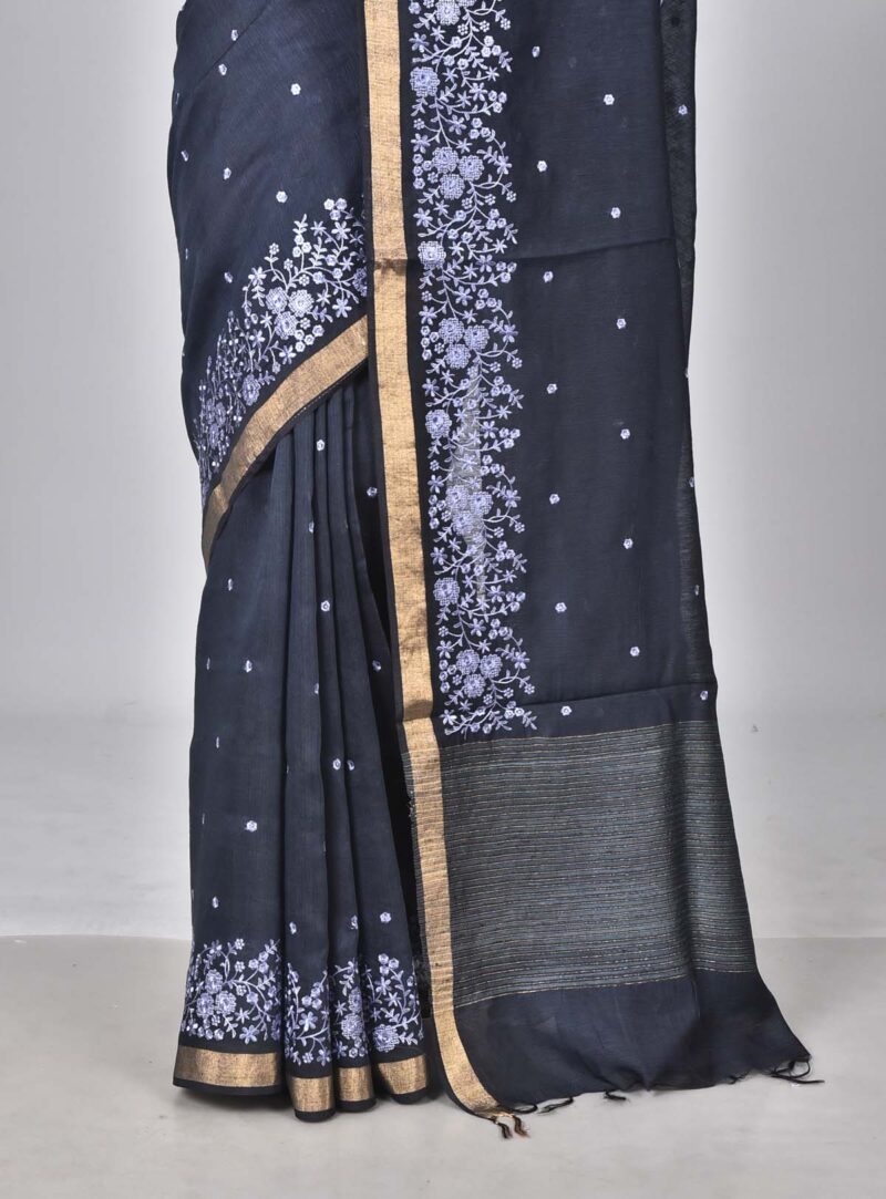 Silk Linen Saree with Digital Embroidery Work  (Dark Blue)