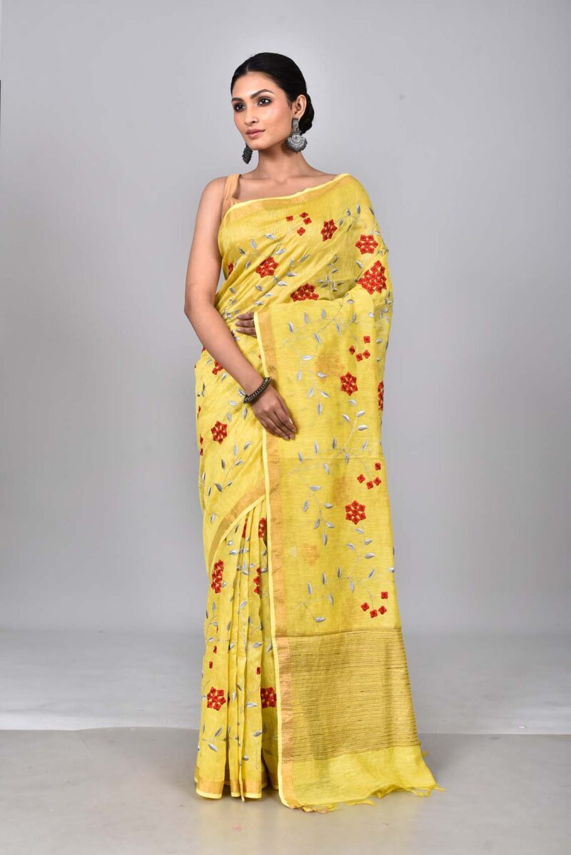 Silk Linen Saree with Digital Embroidery Work  (Yellow)