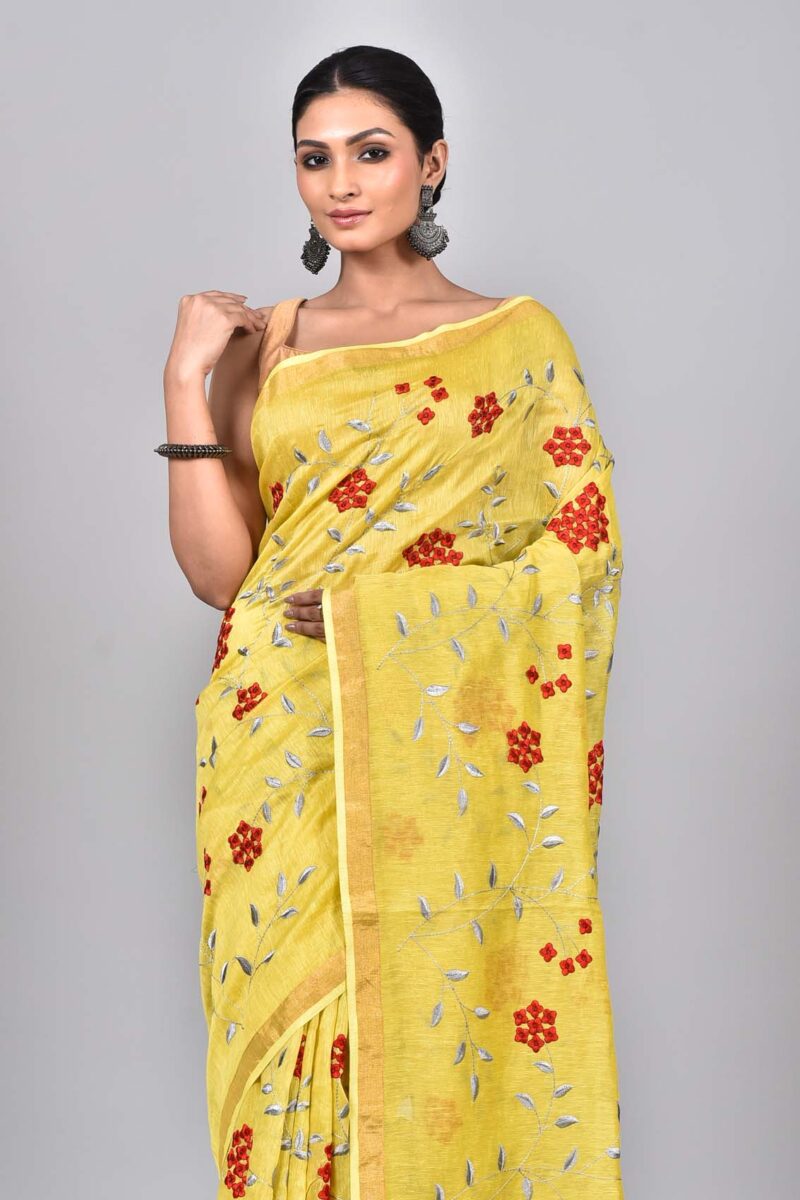 Silk Linen Saree with Digital Embroidery Work  (Yellow)