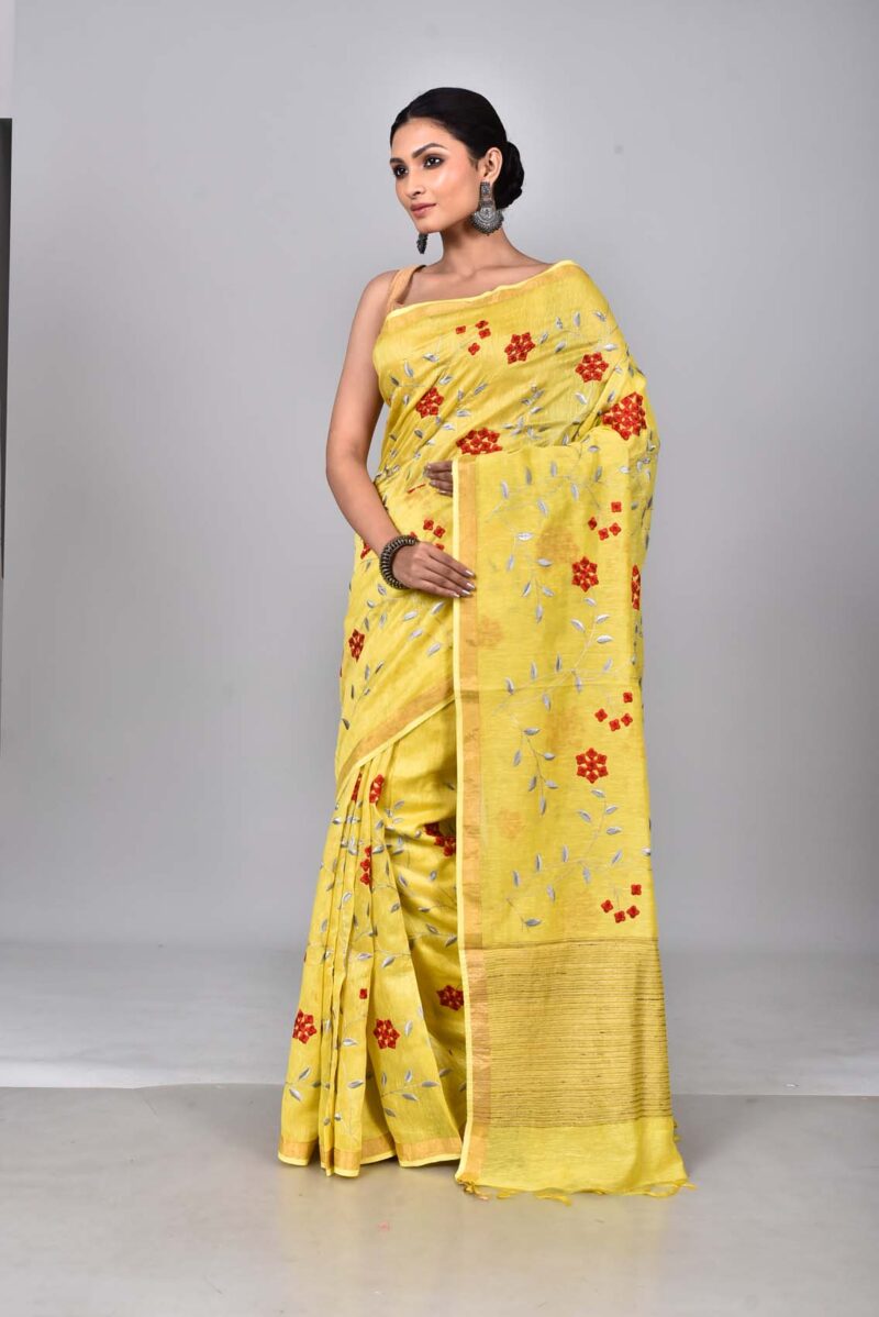 Silk Linen Saree with Digital Embroidery Work  (Yellow)