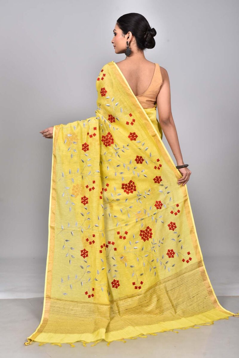 Silk Linen Saree with Digital Embroidery Work  (Yellow)