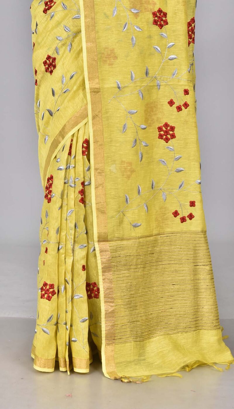 Silk Linen Saree with Digital Embroidery Work  (Yellow)