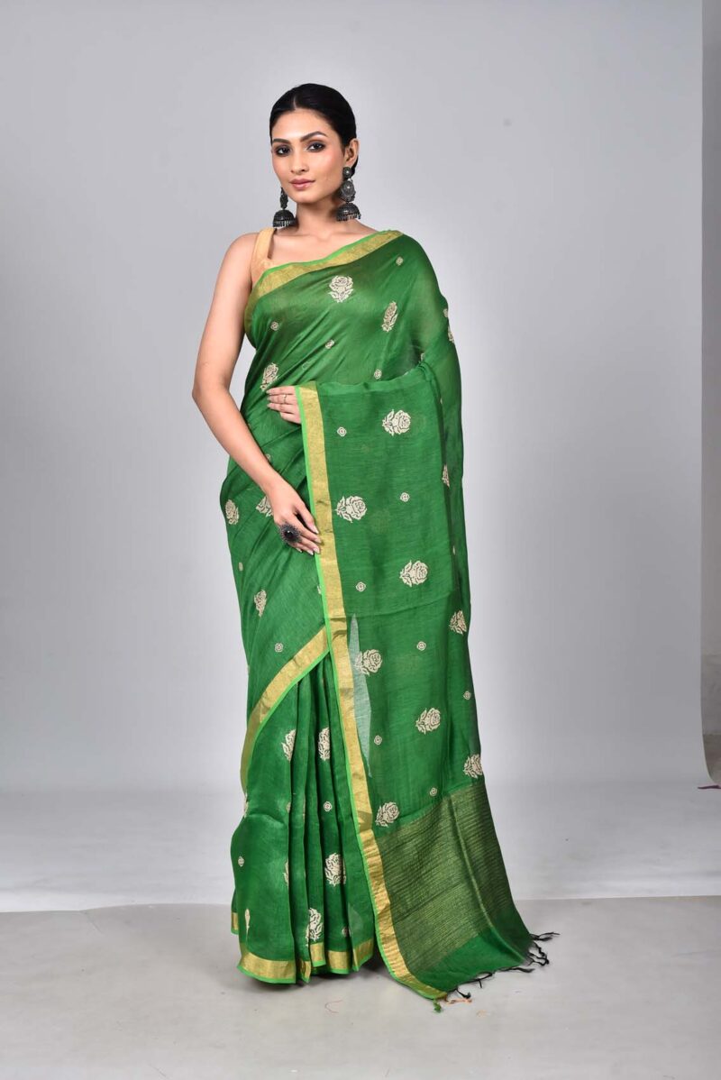 Silk Linen Saree with Digital Embroidery Work  (Green)