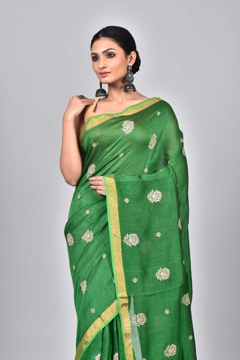 Silk Linen Saree with Digital Embroidery Work  (Green)